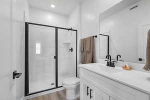 Bathroom featuring visible vents, a shower stall, wood finished floors, toilet, and vanity