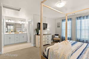 Bedroom with visible vents, multiple windows, ensuite bathroom, and a sink