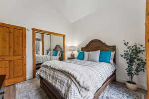 Bedroom with baseboards, lofted ceiling, a closet, and wood finished floors