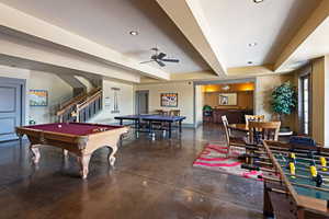 Game room featuring beamed ceiling, recessed lighting, a ceiling fan, billiards, and concrete flooring