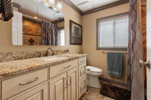 Bathroom featuring toilet, vanity, crown molding, and a healthy amount of sunlight