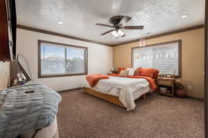 Carpeted bedroom with visible vents, crown molding, and a textured ceiling