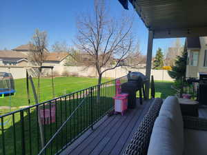 Wooden deck featuring a grill, a trampoline, a fenced backyard, and a lawn