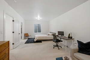 Bedroom featuring light carpet
