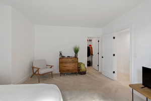 Bedroom featuring a walk in closet and carpet