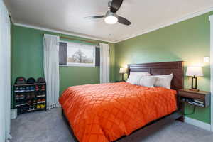 Carpeted primary bedroom with crown molding and ceiling fan with ensuite