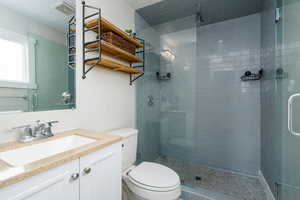 Ensuite bathroom in primary bedroom featuring a shower stall, visible vents, toilet, and vanity