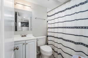 Full bath with toilet, vanity, and a shower with shower curtain
