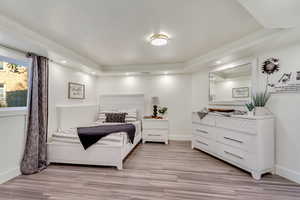 Bedroom with baseboards, recessed lighting, and light wood-type flooring