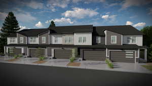 Townhome / multi-family property featuring driveway, fence, and an attached garage