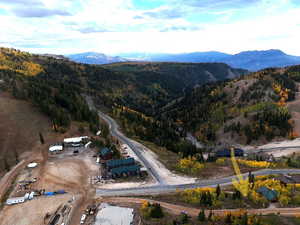 Aerial view of property's location with a mountain backdrop and a forest