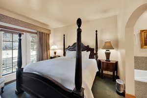 Carpeted bedroom featuring multiple windows, arched walkways, and baseboards