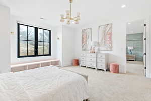 Bedroom featuring carpet floors, baseboards, a chandelier, and recessed lighting