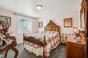 Bedroom with baseboards, visible vents, and dark colored carpet