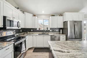 Kitchen featuring a sink, tasteful backsplash, appliances with stainless steel finishes, light wood-style flooring, and white cabinets