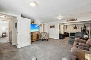Living area featuring carpet flooring, baseboards, and a textured ceiling