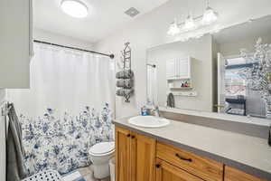 Full bath with toilet, vanity, and visible vents