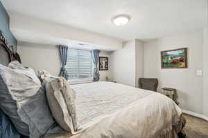 Bedroom with baseboards, a textured ceiling, visible vents, and carpet