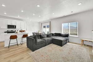 Living area featuring recessed lighting, a textured ceiling, baseboards, and light wood-type flooring