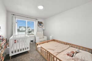 Bedroom featuring carpet flooring and a textured ceiling