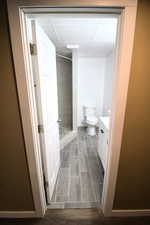 Bathroom with a stall shower, a drop ceiling, toilet, wood finished floors, and vanity