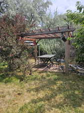 View of community with a lawn, a pergola, and a patio area