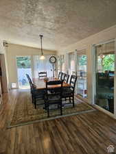 Dining space with a healthy amount of sunlight, lofted ceiling, wood finished floors, and a textured ceiling