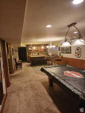 Recreation room with wainscoting, wood walls, and light carpet