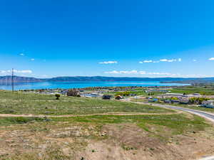 Aerial view of a water and mountain view