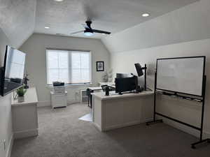 Office featuring lofted ceiling, light colored carpet with private full bathroom