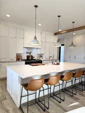 Kitchen featuring a spacious island, white cabinetry, a breakfast bar, stove, and light wood-style floors