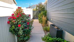 Exterior space with fence and a mountain view