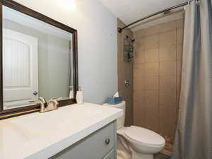 Bathroom featuring toilet, tiled shower, vanity, and a textured ceiling