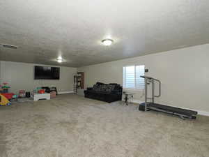 Interior space featuring visible vents, carpet, and a textured ceiling