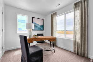 Carpeted home office featuring baseboards, a healthy amount of sunlight, and visible vents