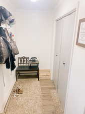 Hall featuring a baseboard heating unit, crown molding, and light wood finished floors