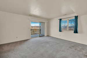 Carpeted spare room featuring baseboards, a wealth of natural light, and visible vents