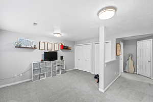 Below grade area featuring carpet, baseboards, a textured ceiling, and visible vents