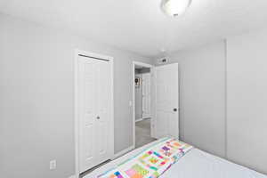 Carpeted bedroom featuring baseboards, visible vents, a closet, and a textured ceiling