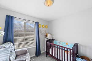 Carpeted bedroom featuring baseboards, visible vents, and a nursery area