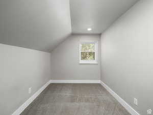 Additional living space with carpet flooring, baseboards, and vaulted ceiling