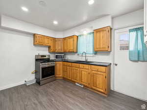Kitchen featuring a sink, recessed lighting, stainless steel appliances, dark countertops, and dark wood-type flooring