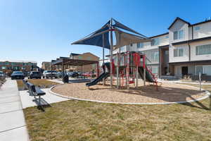 Community playground with a residential view