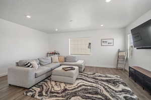 Living room with baseboards, wood finished floors, and recessed lighting