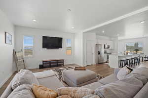 Living room featuring plenty of natural light, baseboards, and light wood-type flooring