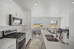 Kitchen with light countertops, white cabinets, wood finished floors, stainless steel appliances, and a sink