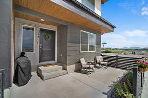 View of patio featuring a mountain view