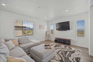 Living area featuring a healthy amount of sunlight, baseboards, light wood-style floors, and recessed lighting
