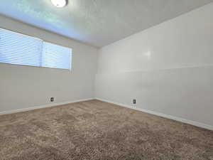 Carpeted spare room with baseboards, a textured ceiling, and lofted ceiling