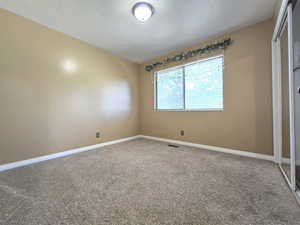 Unfurnished bedroom featuring carpet flooring, baseboards, and a closet